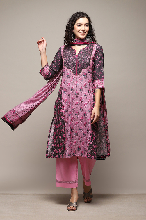 Black Cotton Blend Straight Printed Kurta